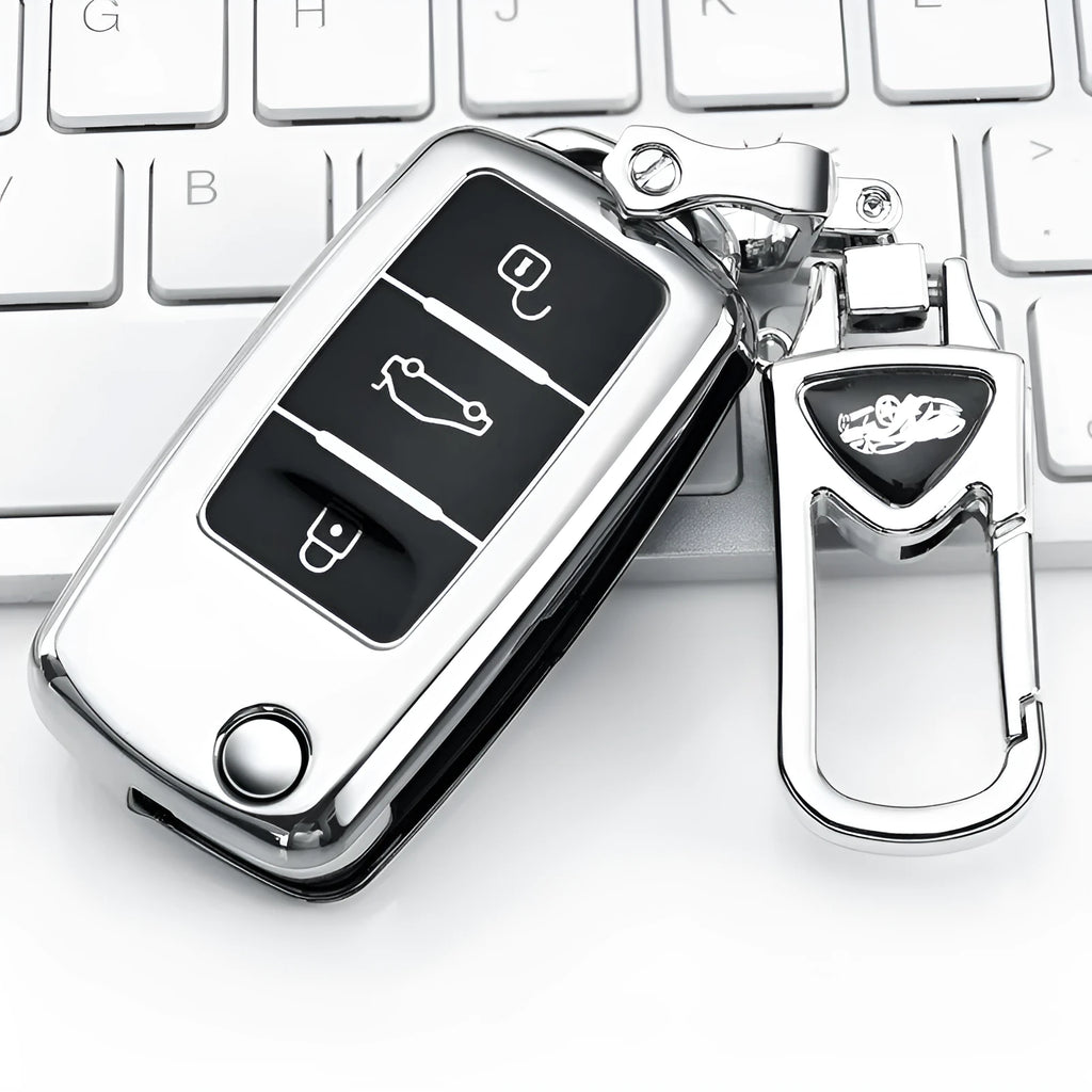 Volkswagen VW Model A car key case in blue, holding three keys in a folding TPU single-shell design.