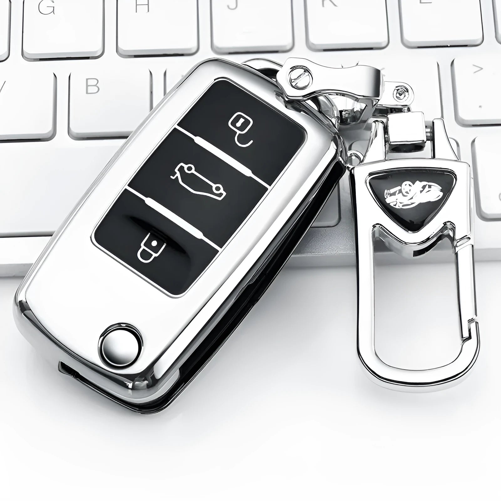 Volkswagen VW Model A car key case in blue, holding three keys in a folding TPU single-shell design.