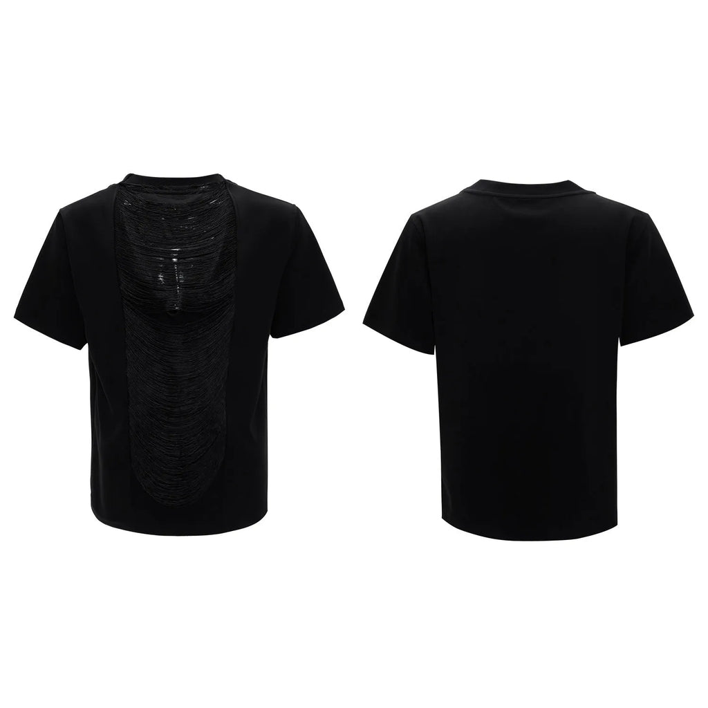 Loose black polyester men's t-shirt with 3D cut tassel details and hollow out design