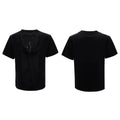 Loose black polyester men's t-shirt with 3D cut tassel details and hollow out design