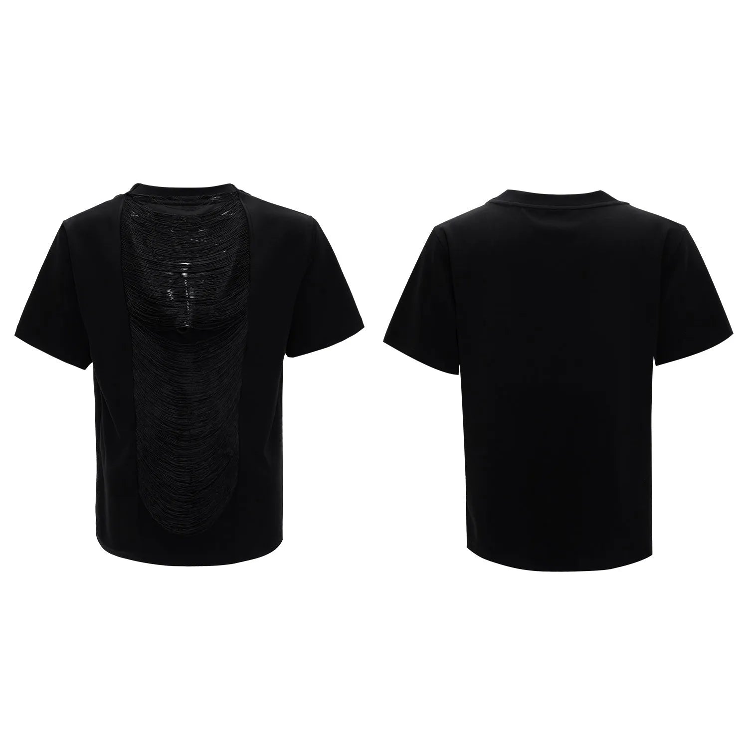 Loose black polyester men's t-shirt with 3D cut tassel details and hollow out design
