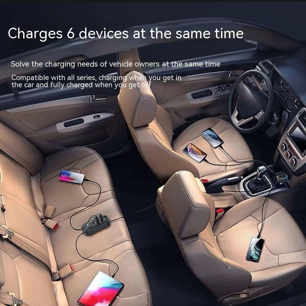 Automatic retractable car charger with USB ports plugged into a vehicle cigarette lighter socket.