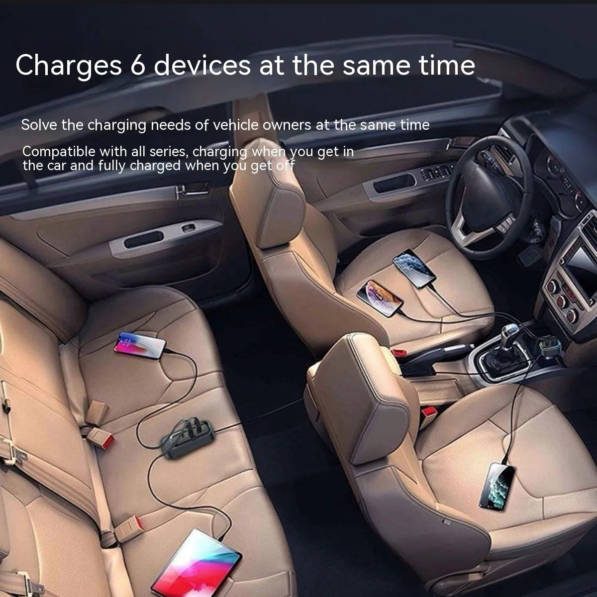 Automatic retractable car charger with USB ports plugged into a vehicle cigarette lighter socket.