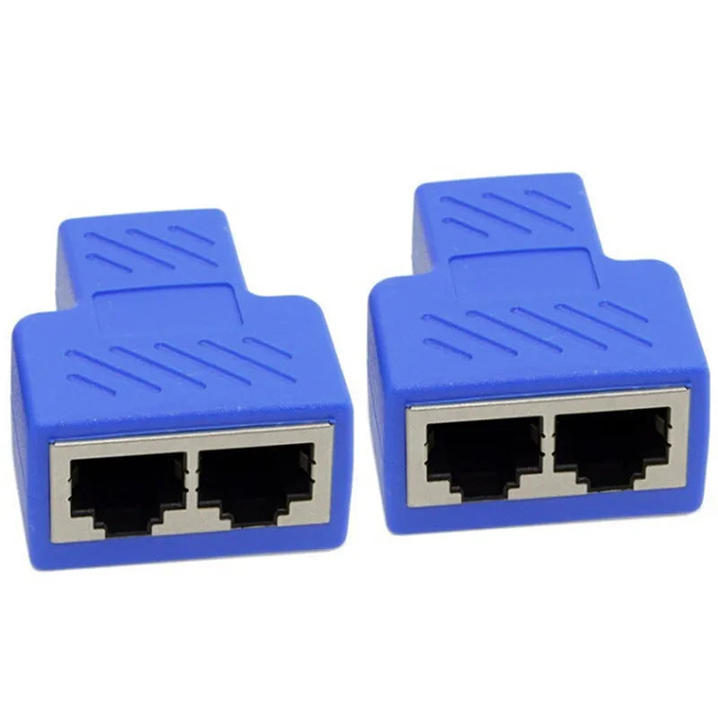 RJ45 network cable splitter in multiple colours showing tee adapter design with three ports
