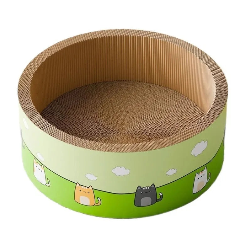 Large round corrugated paper cat scratch board with a deep central pit and integrated base.