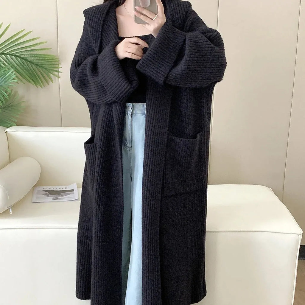 Women's loose hooded acrylic cardigan coat in beige colour with 80cm length