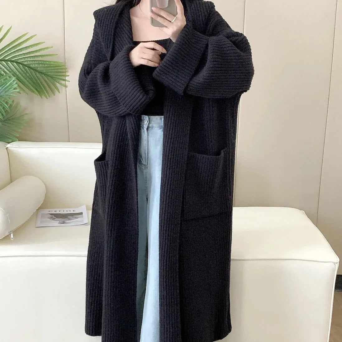 Women's loose hooded acrylic cardigan coat in beige colour with 80cm length