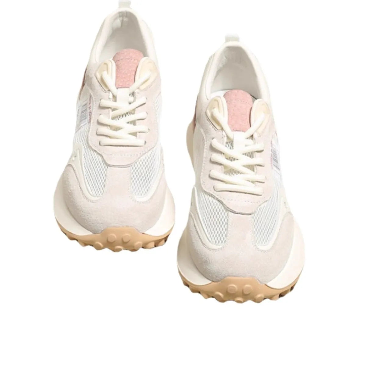 Women's grey and pink retro sneakers with mesh lining and rubber soles in low-top flat heel design