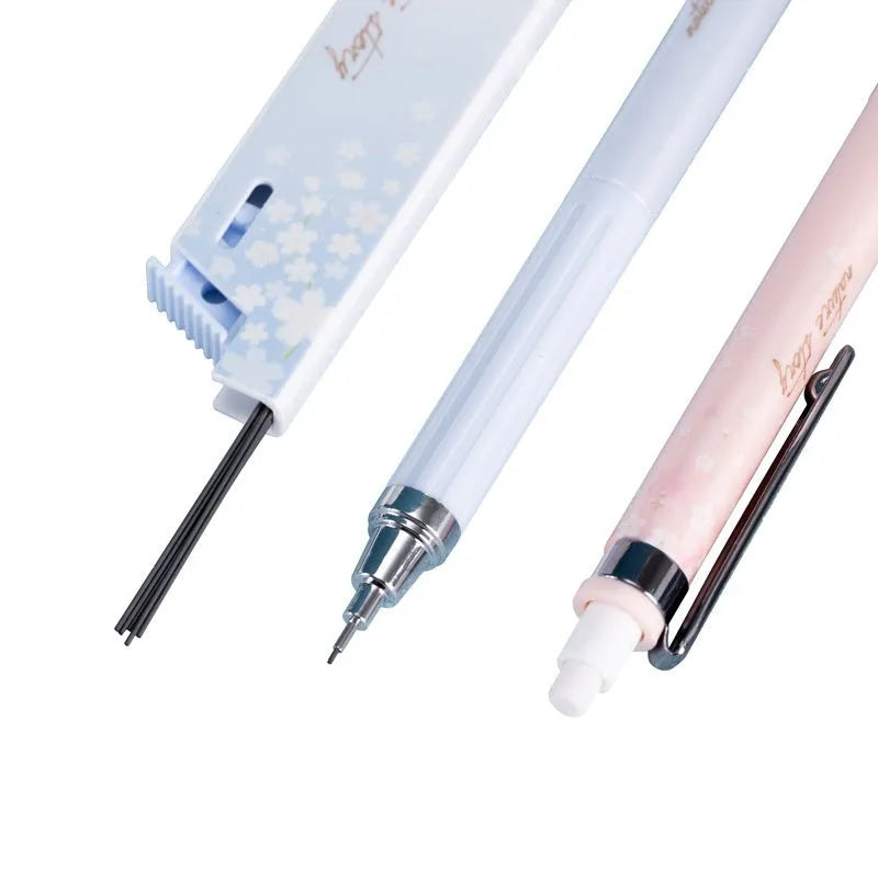 Cartoon style automatic pencil set with three pens and HB lead refills in mixed colours.