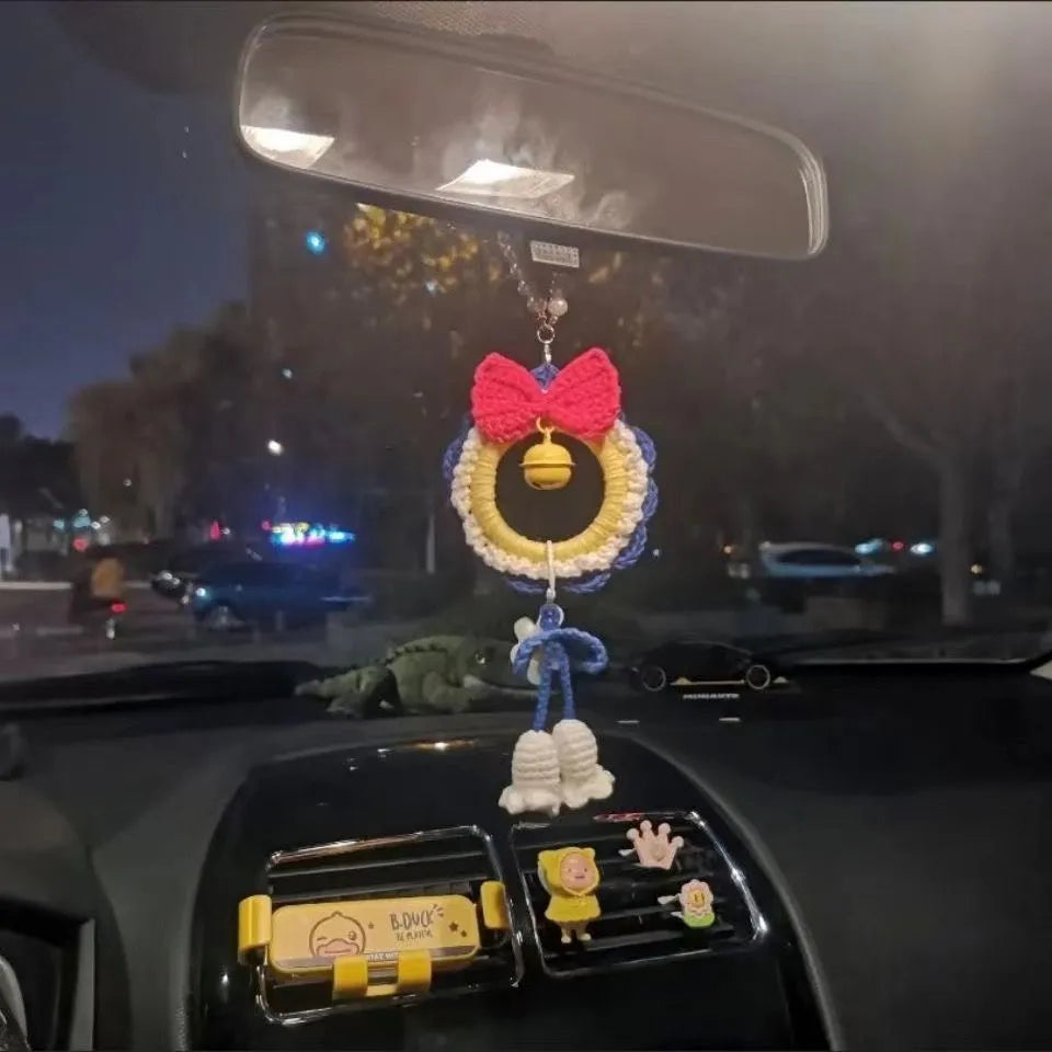 Handmade yarn weaving car hanging pendant with plush Snow White design and optional red wind chimes