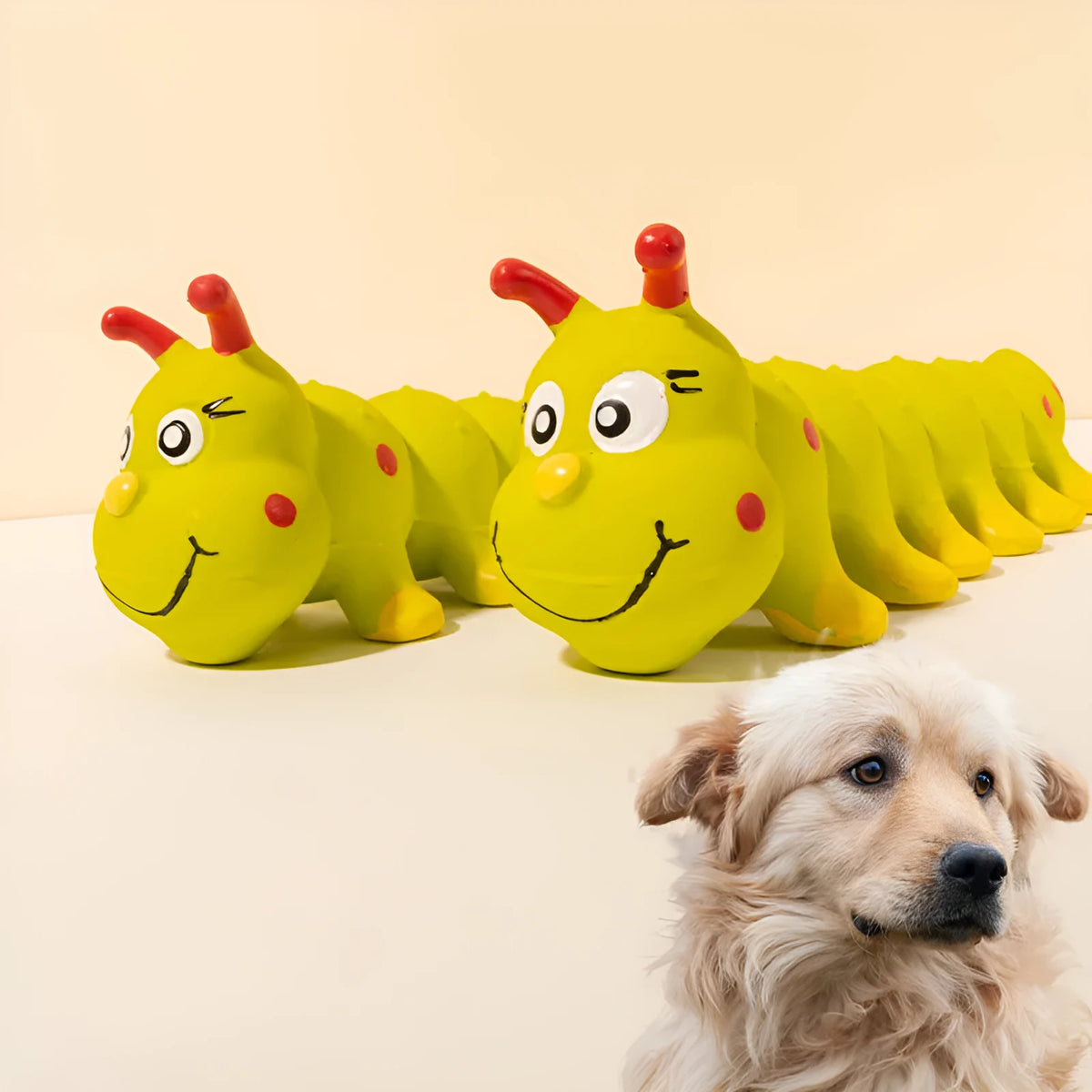 Yellow caterpillar rubber dog squeaky toy for small medium breeds on white background
