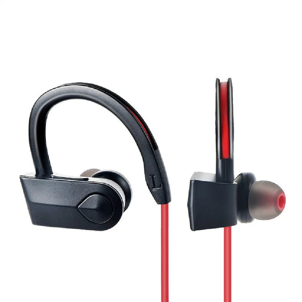 Neck-mounted wireless Bluetooth earphones in black, blue, or red colours with neckband design