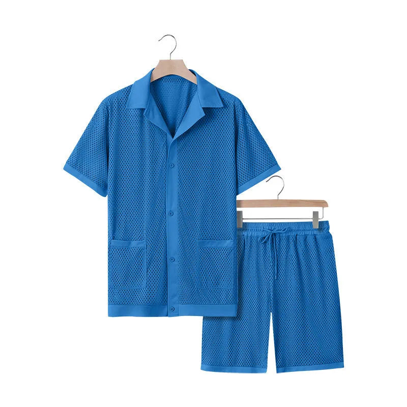 Design Beach Hawaii women's see-through short sleeve cardigan and shorts suit in lake blue.