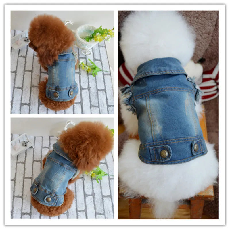 Dark and light denim dog vest with a retro scratch pattern on the front for small to medium breeds.