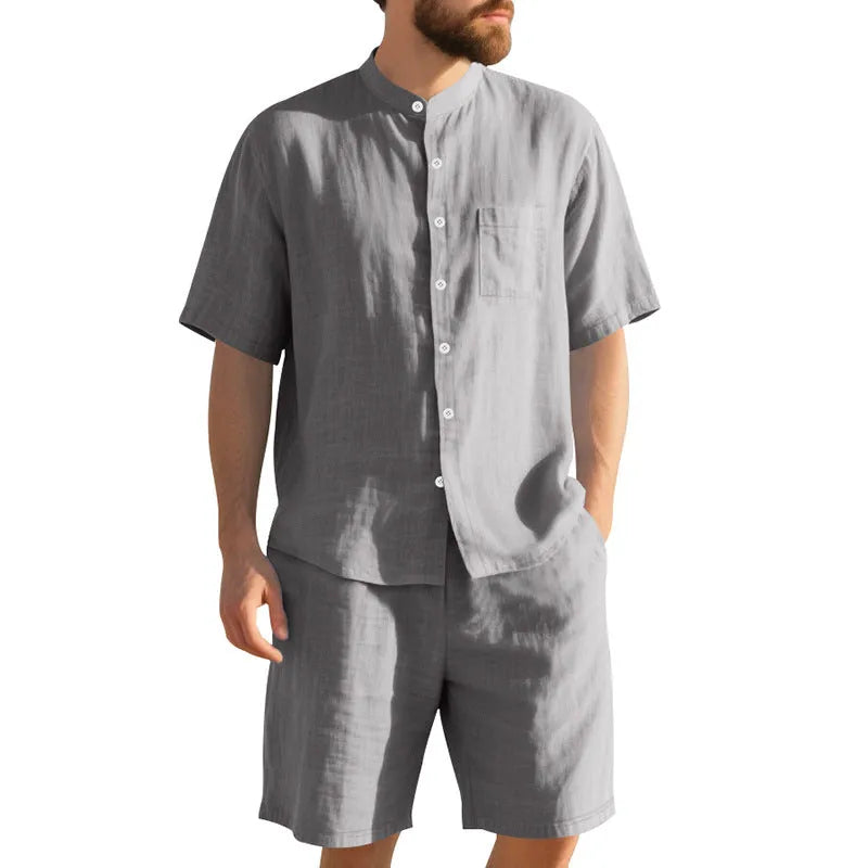 Men's linen Henry collar short sleeve shirt and matching shorts summer suit in multiple colours