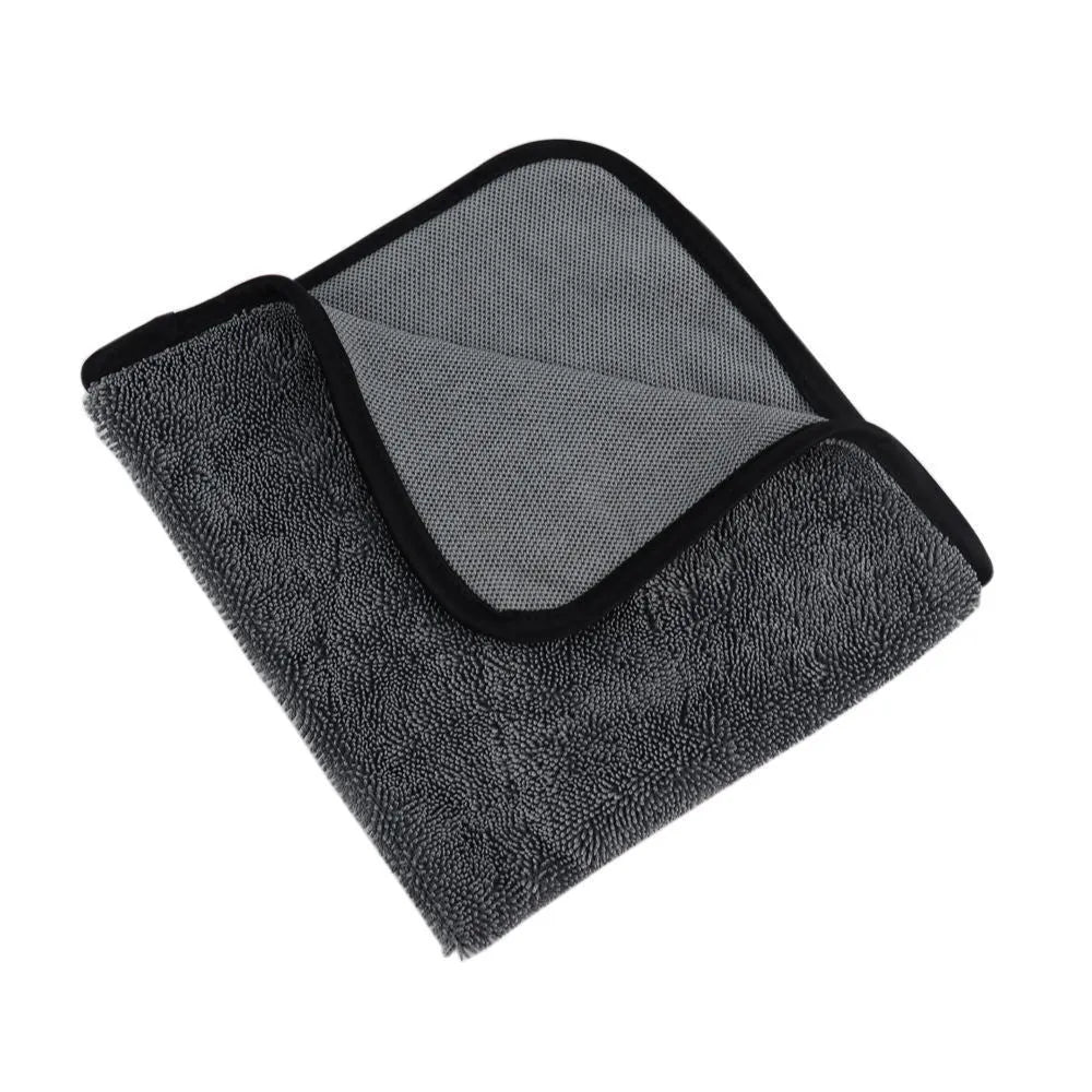 Grey 40x40 centimetre microfiber car wash and drying towel laid flat