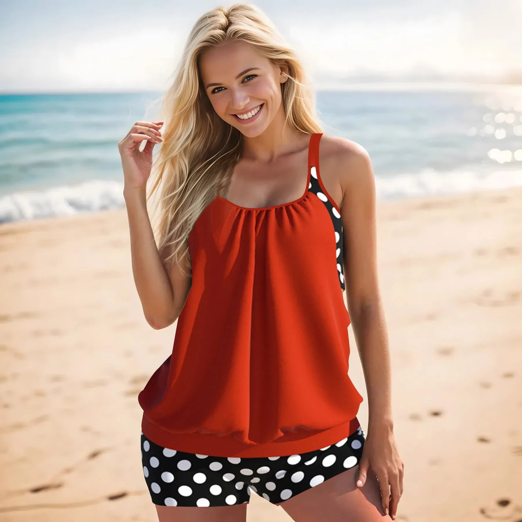 Women's polka dot boxer swimsuit in high-waisted briefs style for swimming