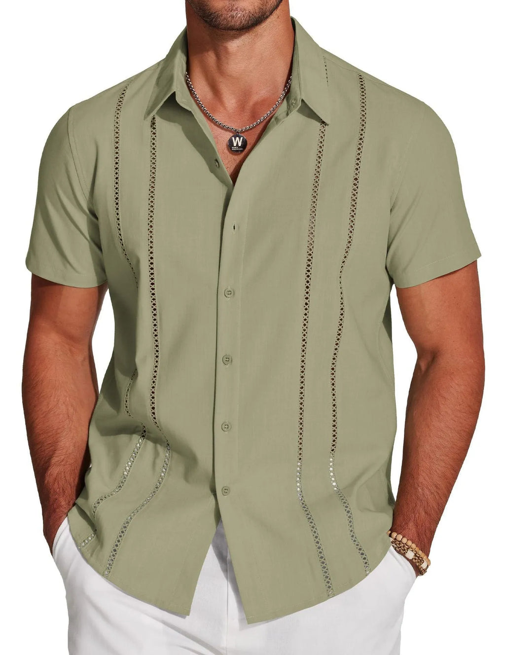 Man wearing a slim fit, short sleeve printed Hawaiian shirt in elastic polyester fabric.