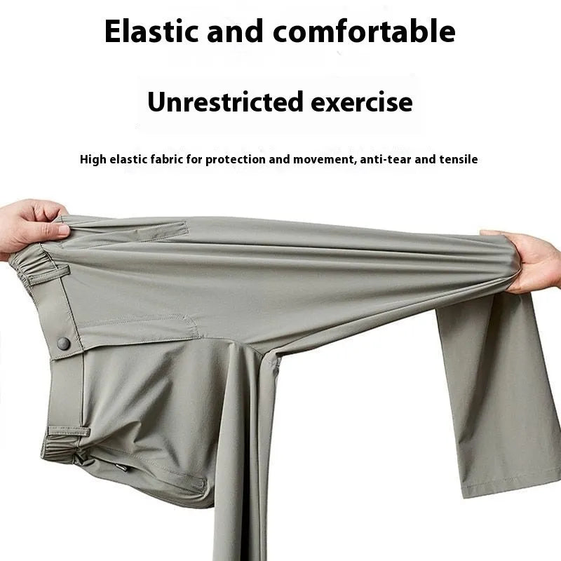 Men's black Ice Silk loose-fit casual trousers with an elasticated waistband on a plain background.