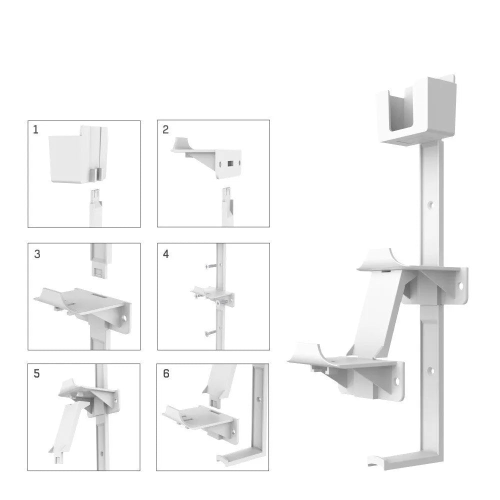 White and black ABS wall-mounted storage hooks holding gaming controllers and headphones