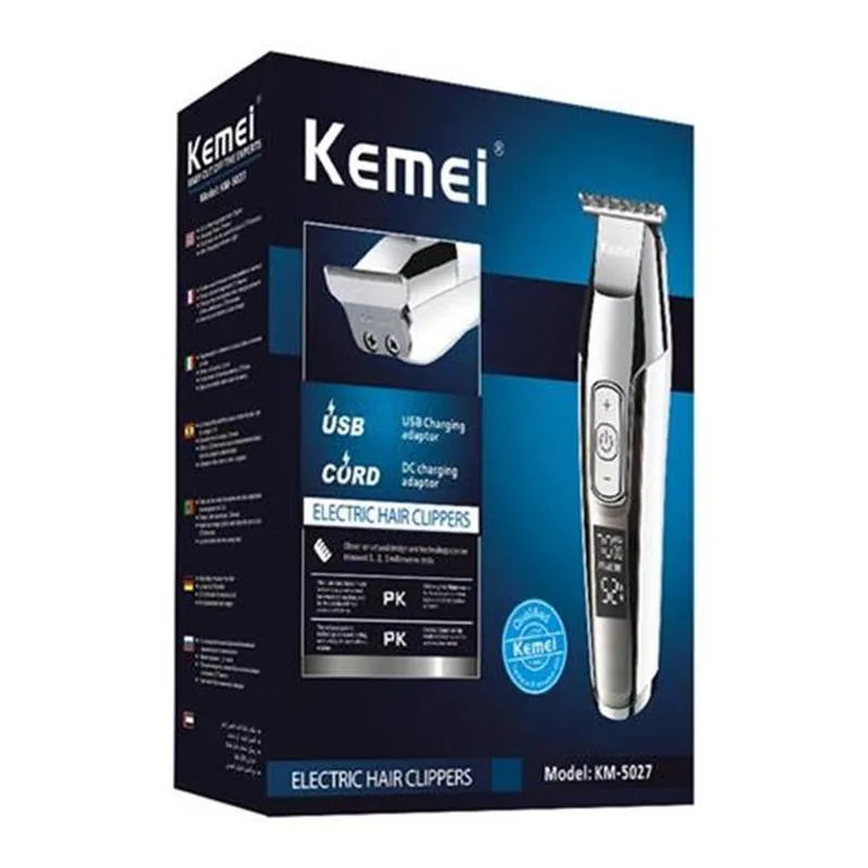 Barber scissors with LCD display showing battery level and stainless steel cutting heads