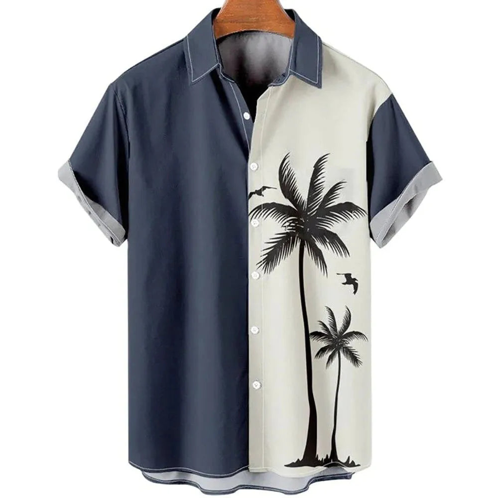 Man wearing a slim-fit short-sleeve shirt with a colourful 3D digital printed floral pattern.