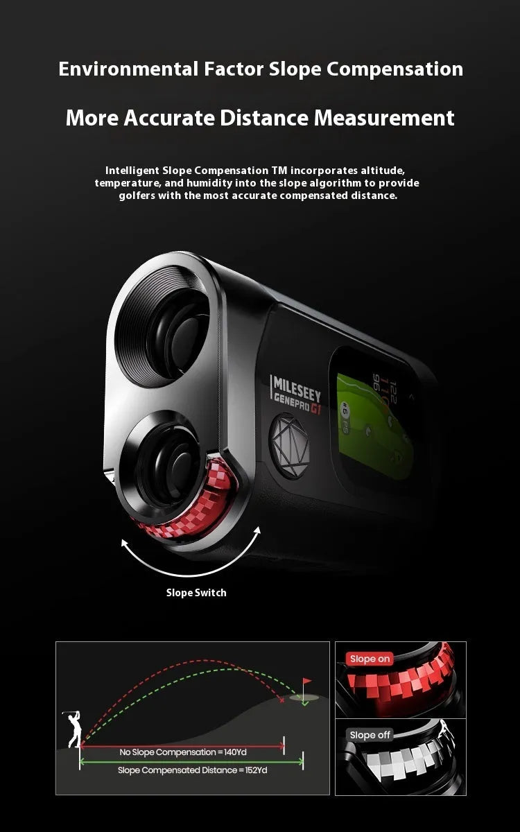 Black GenePro G1 golf laser rangefinder with AMOLED touch screen showing distance measurement.