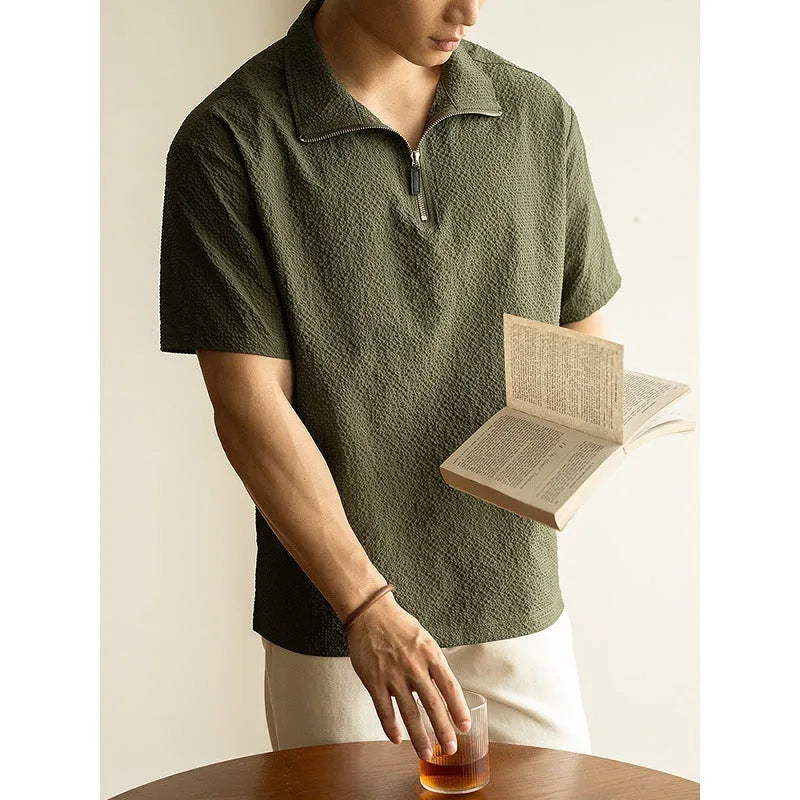 Men's ice silk short sleeve T-shirt in cedar green colour with loose fit summer design
