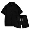 A woman's casual two-piece set featuring a short-sleeve top and elastic waist shorts in a neutral colour.