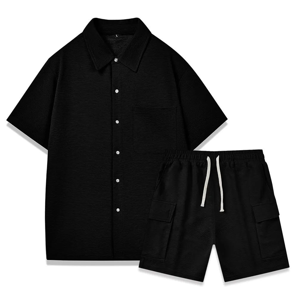A woman's casual two-piece set featuring a short-sleeve top and elastic waist shorts in a neutral colour.