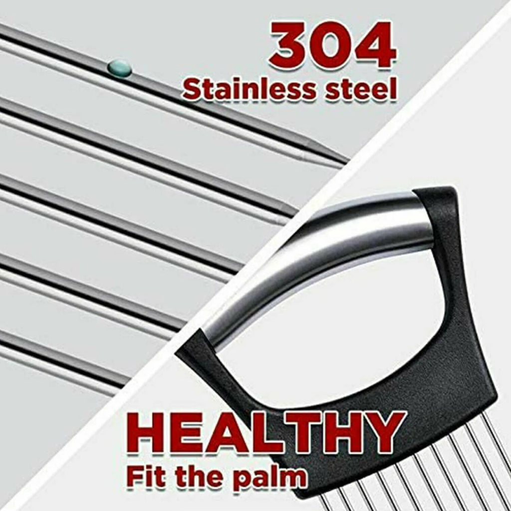 Stainless steel onion and tomato slicer holder with ABS handle on a kitchen worktop