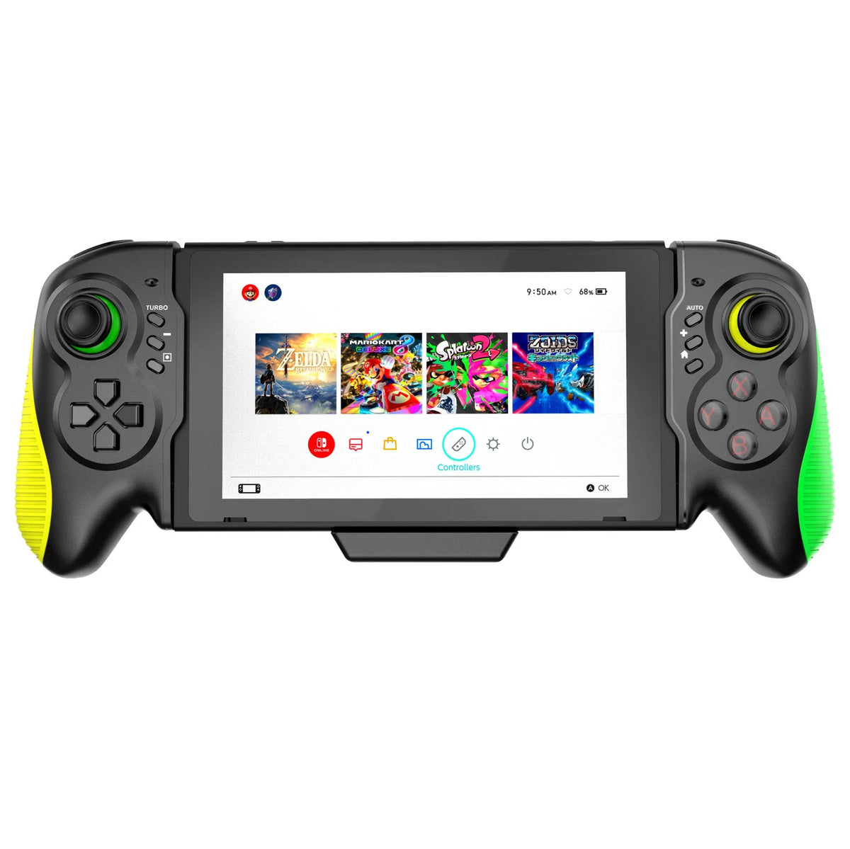 Yellow-green gaming controller with in-line handle design for Nintendo Switch and PC gaming