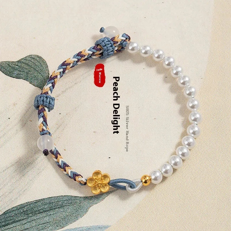 Sterling silver chalcedony carrying strap bracelet with Chinese flower weaving and peach colour