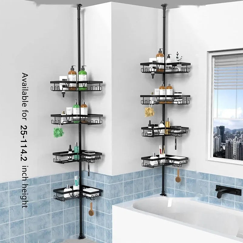 Modern hole-free retractable bathroom storage rack with four shelves made of stainless steel and iron.
