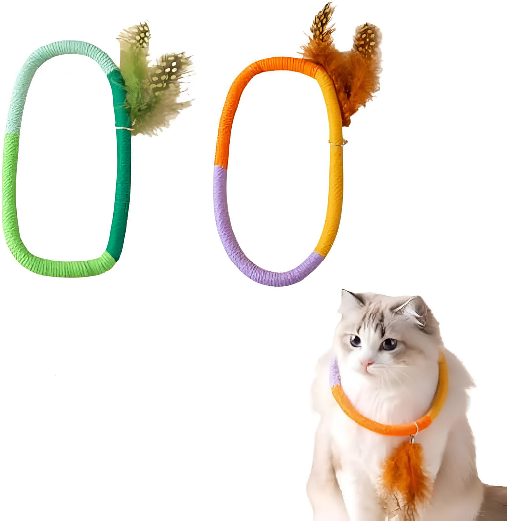 Green circular cotton rope cat toy with feathers and catnip for indoor cats