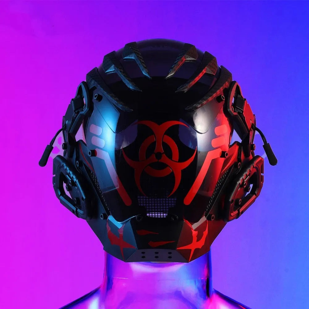 Black full-face cyberpunk costume prop mask with tech design on a mannequin head.