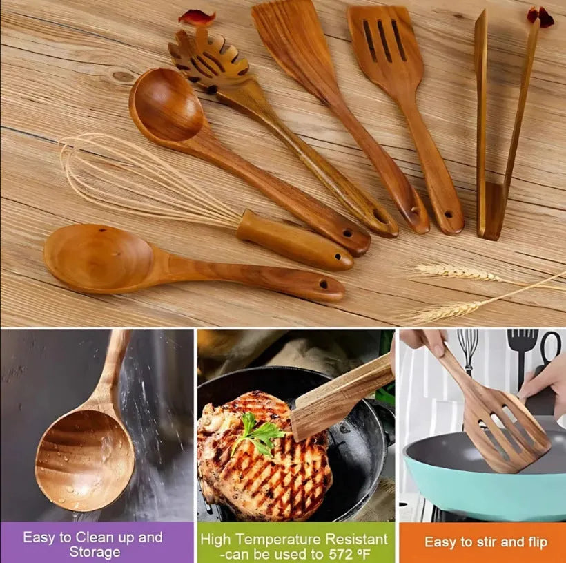 7-piece wooden cooking utensil set with natural wood finish including various spoon and spatula designs