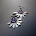 Purple Bohemian style floral drop earrings with resin gemstone and animal zodiac design on alloy frame