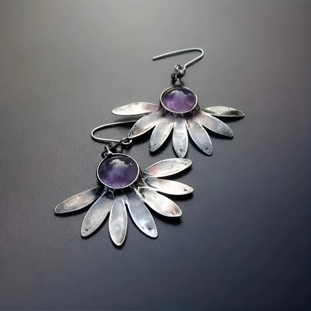 Purple Bohemian style floral drop earrings with resin gemstone and animal zodiac design on alloy frame