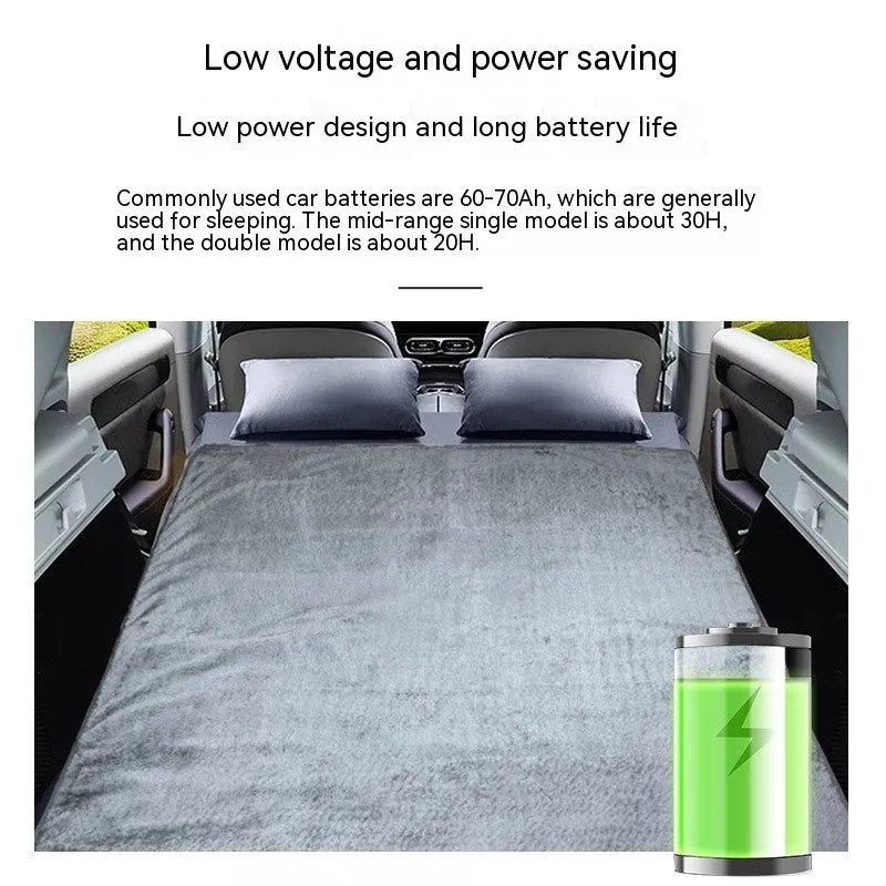 Grey double-sided 12V car electric blanket showing cigarette lighter plug and intelligent temperature control.