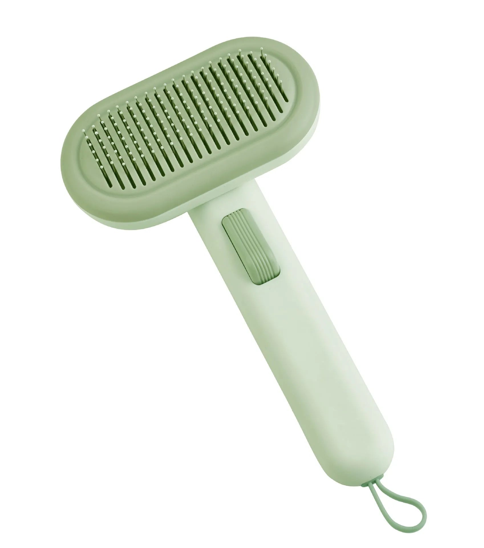 Large light grey pet hair removal comb for cats and dogs on a plain background.