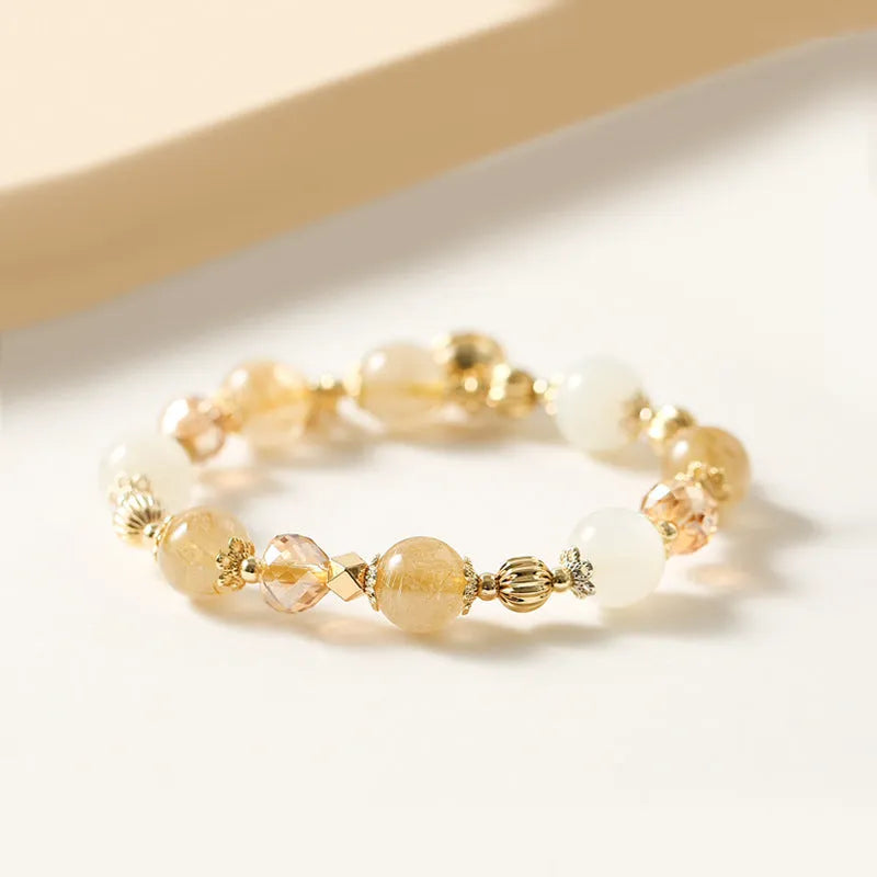 Gold electroplated bracelet with Lucky Fortune gold rutilated quartz crystal and ringing bell in Korean style