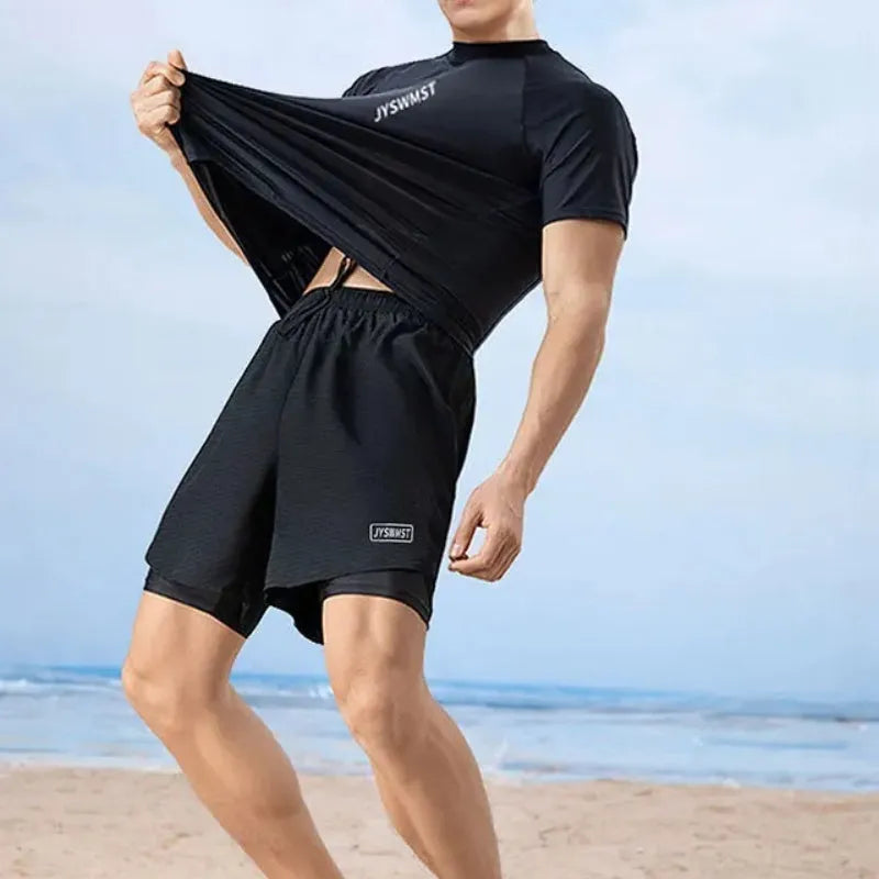 Men's plus size polyester swimming trunks and top set in multiple colour options.
