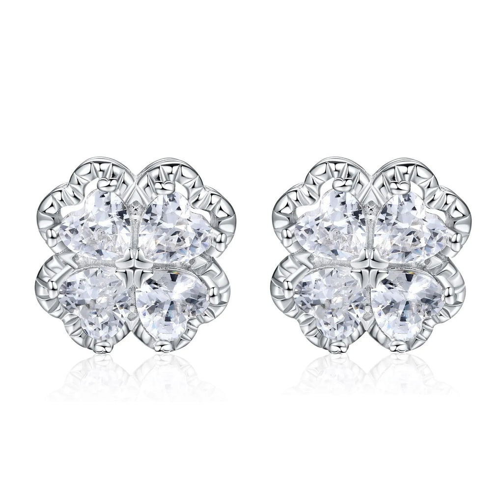 Women's heart-shaped 925 silver zircon earrings with white gold colour finish and four-leaf clover design