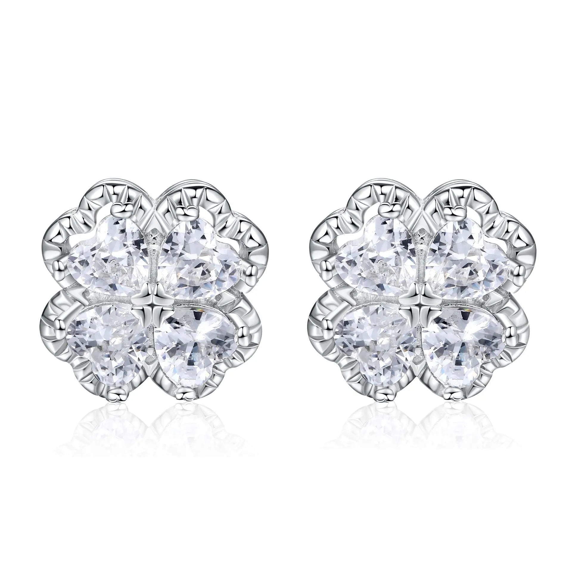 Women's heart-shaped 925 silver zircon earrings with white gold colour finish and four-leaf clover design
