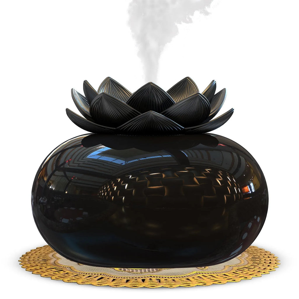Pure black round USB aromatherapy humidifier on a surface