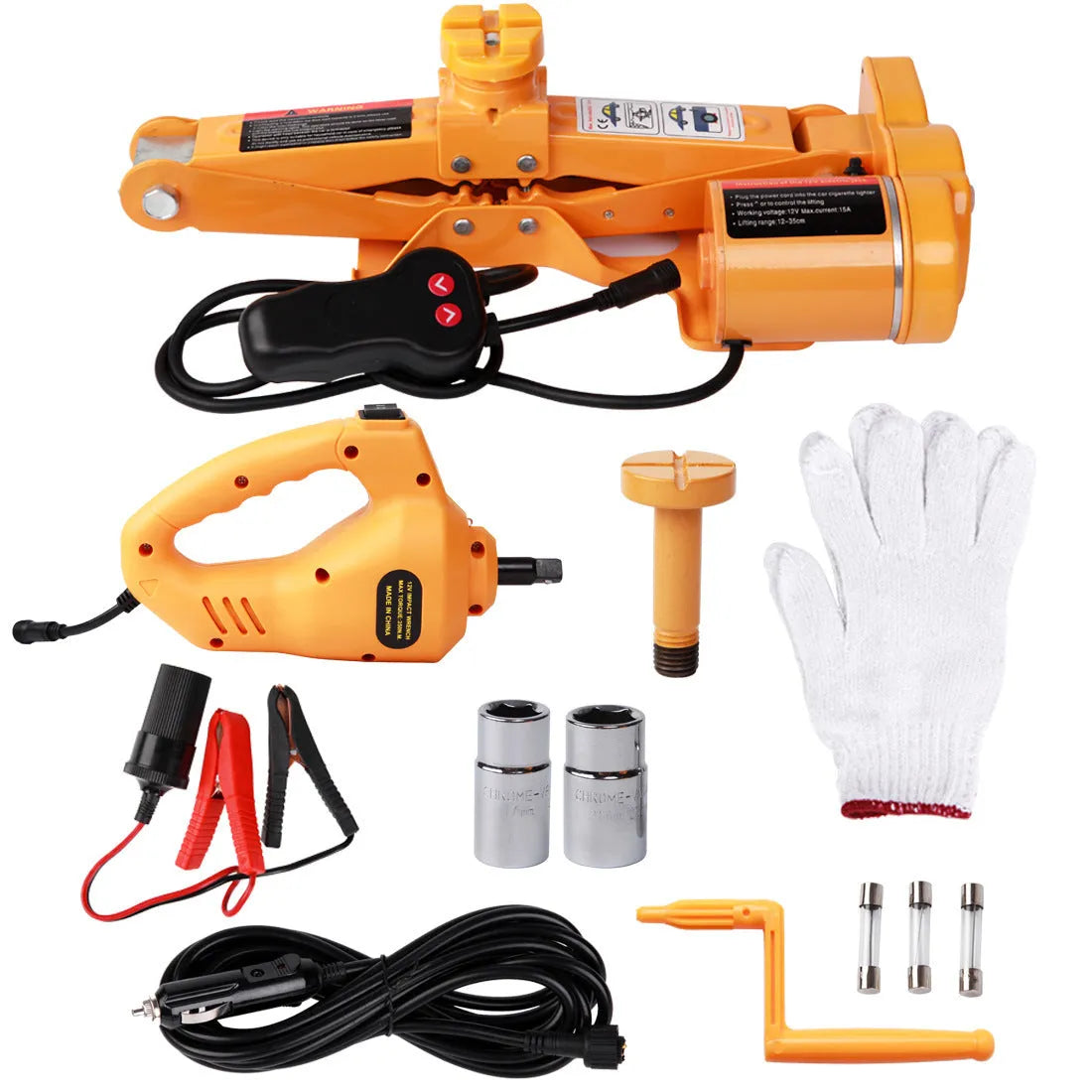 Yellow steel car electric jack set with electric wrench for vehicle tyre changing