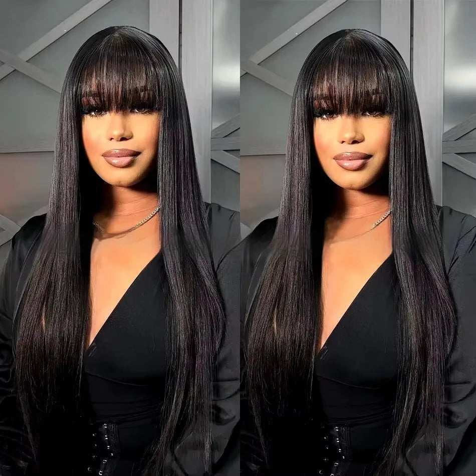 Natural colour straight fringe human hair wig with full-mechanism cap on a stand.