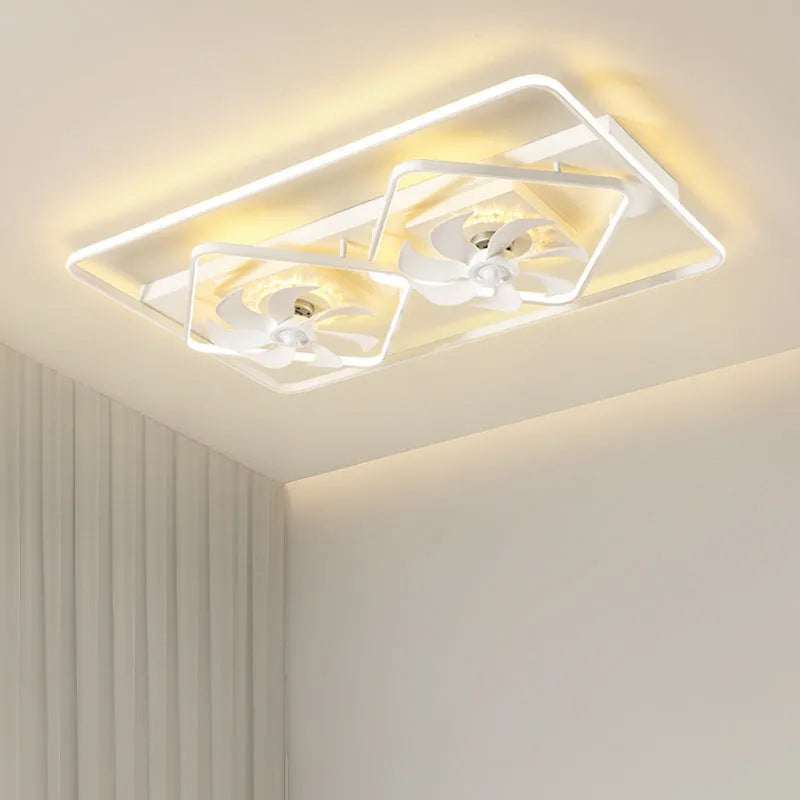 Modern ceiling fan light with three plastic blades and acrylic lampshade measuring 1100x700mm