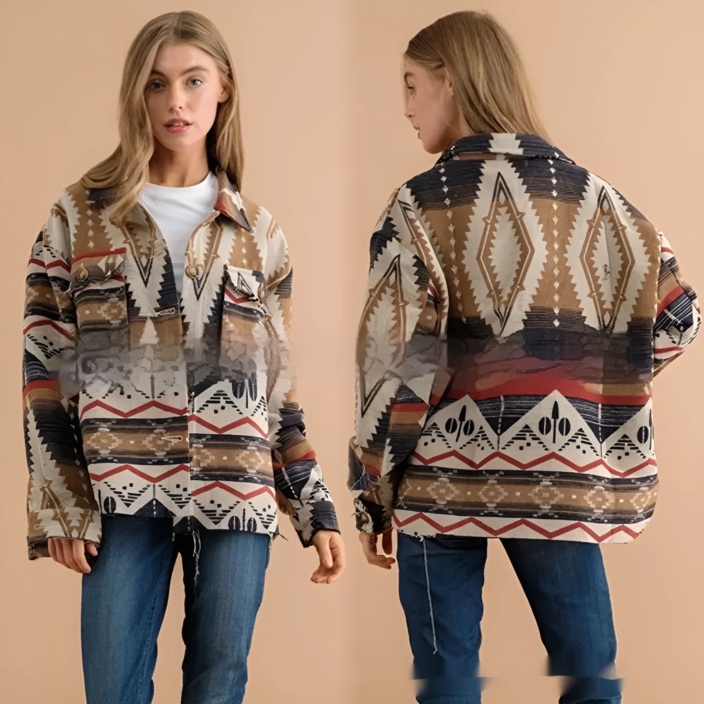 Women's loose fit retro jacket with Aztec print in woolen fabric, shown in army green.